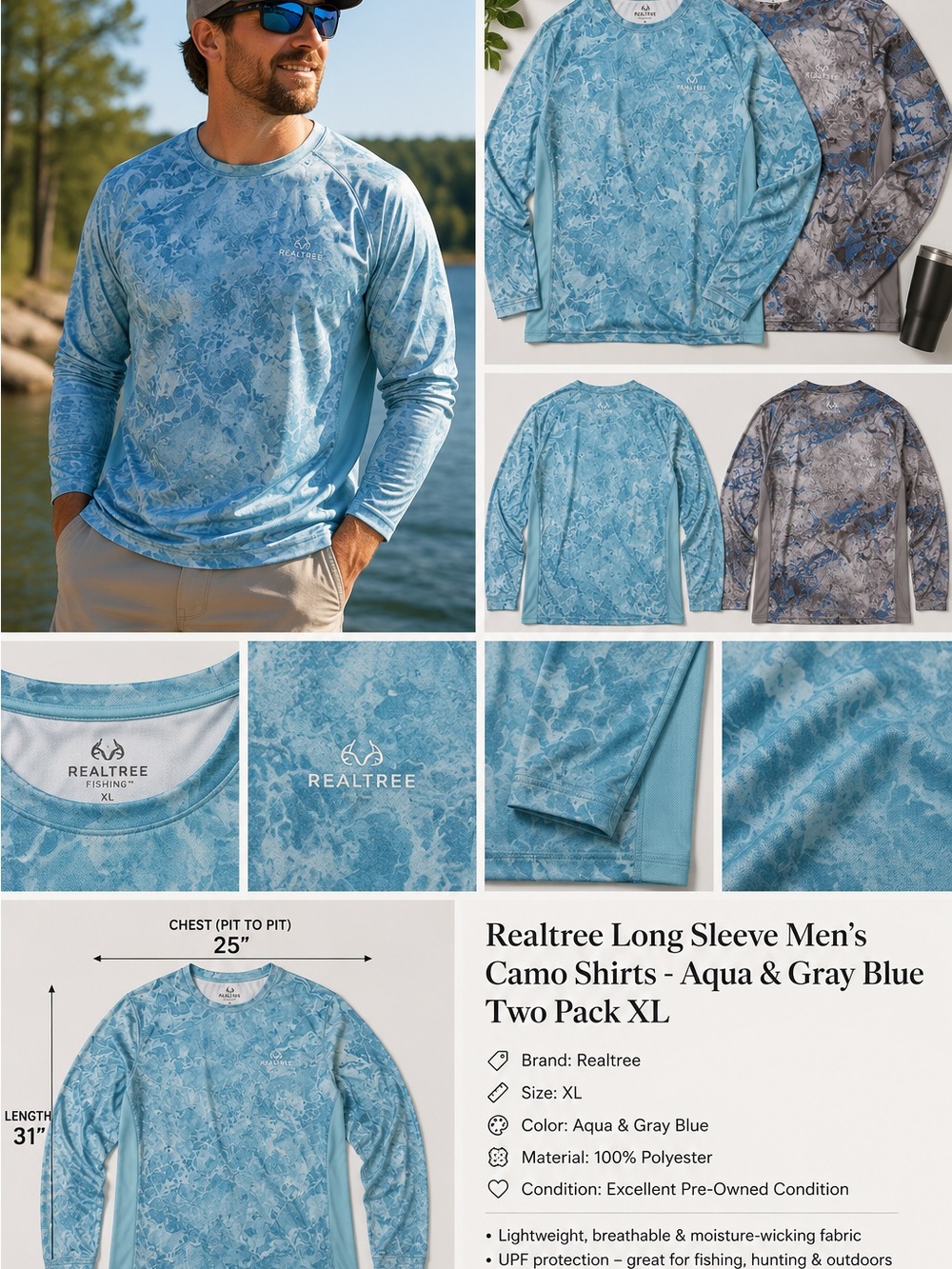 🎣Realtree Long Sleeve Men’s Camo Shirts - Aqua & Gray Blue Two Pack XL